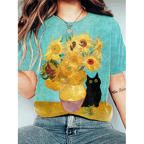 Sunflowers Art Painting Black Cat Print Cotton Cozy T-Shirt
