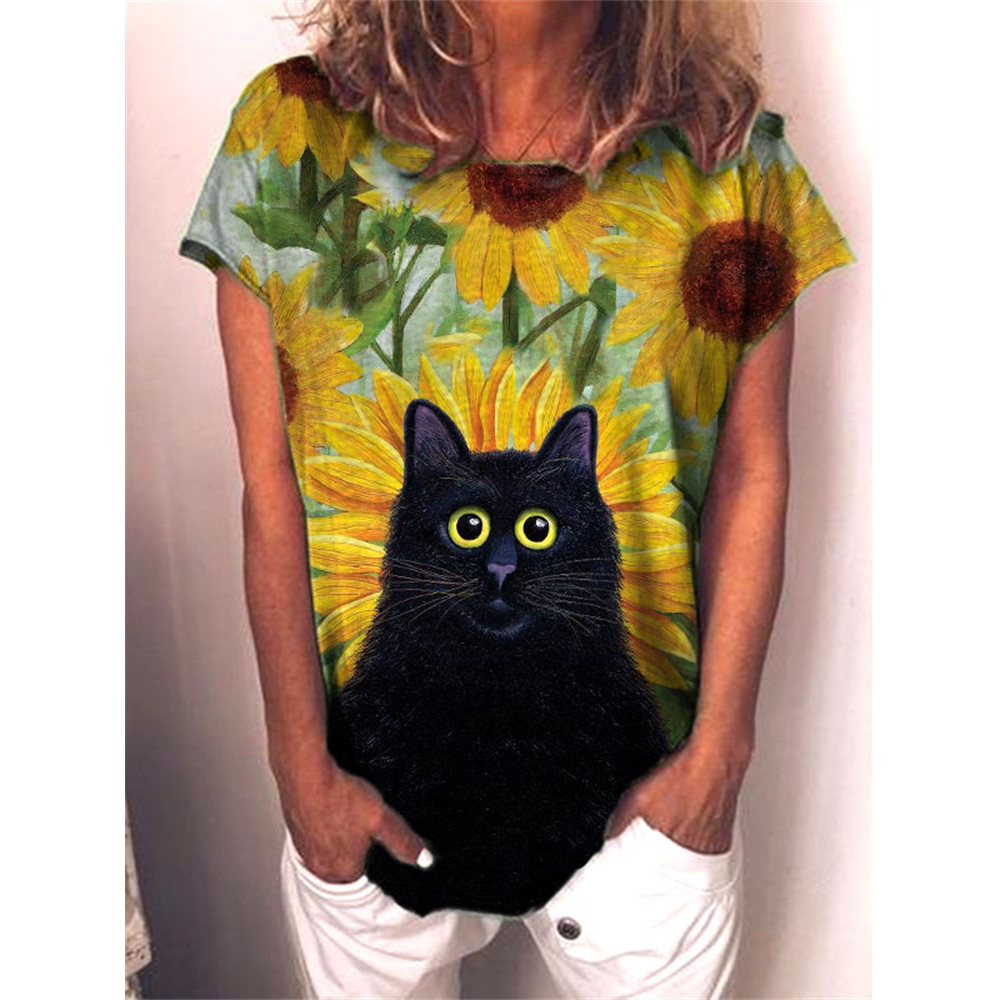 Sunflowers & Cat Art Print T Shirt