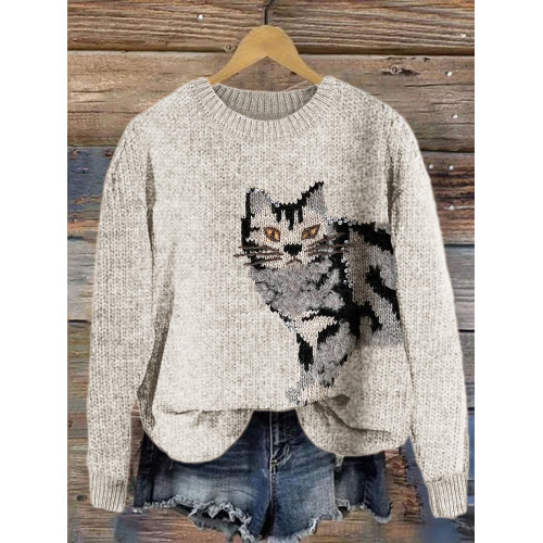 Tabby Cat Fuzzy Knit Art Cozy Sweater