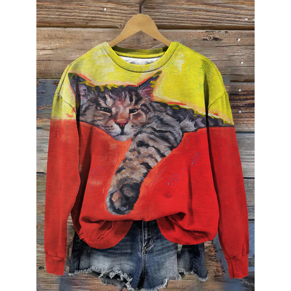 Tabby Kitty Cat Art Pattern Vintage Comfy Sweatshirt