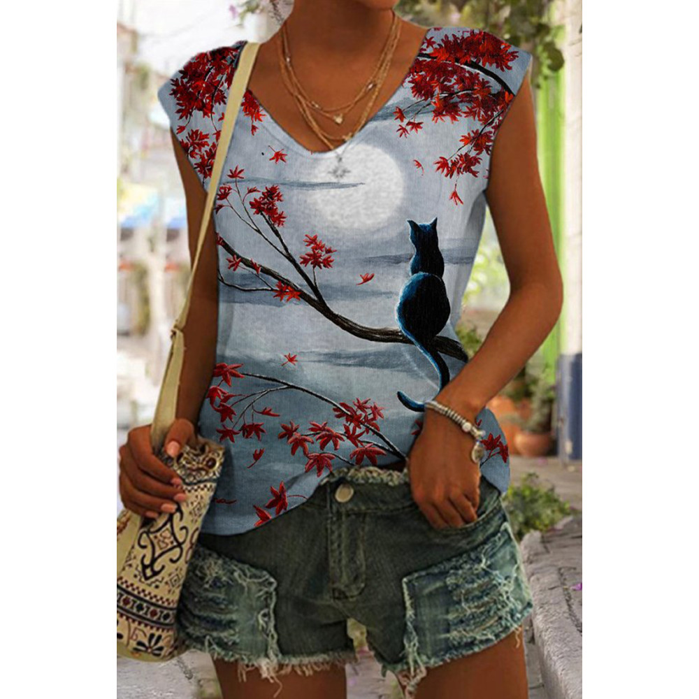 V Neck Cat Forest Moon Tank Top