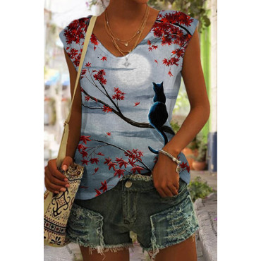 V Neck Cat Forest Moon Tank Top