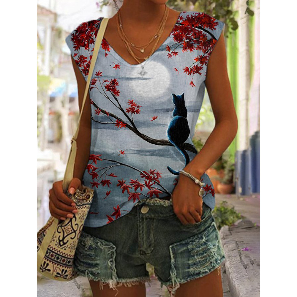 V Neck Cat Forest Moon Tank Top