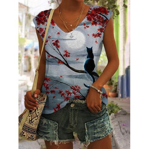 V Neck Cat Forest Moon Tank Top