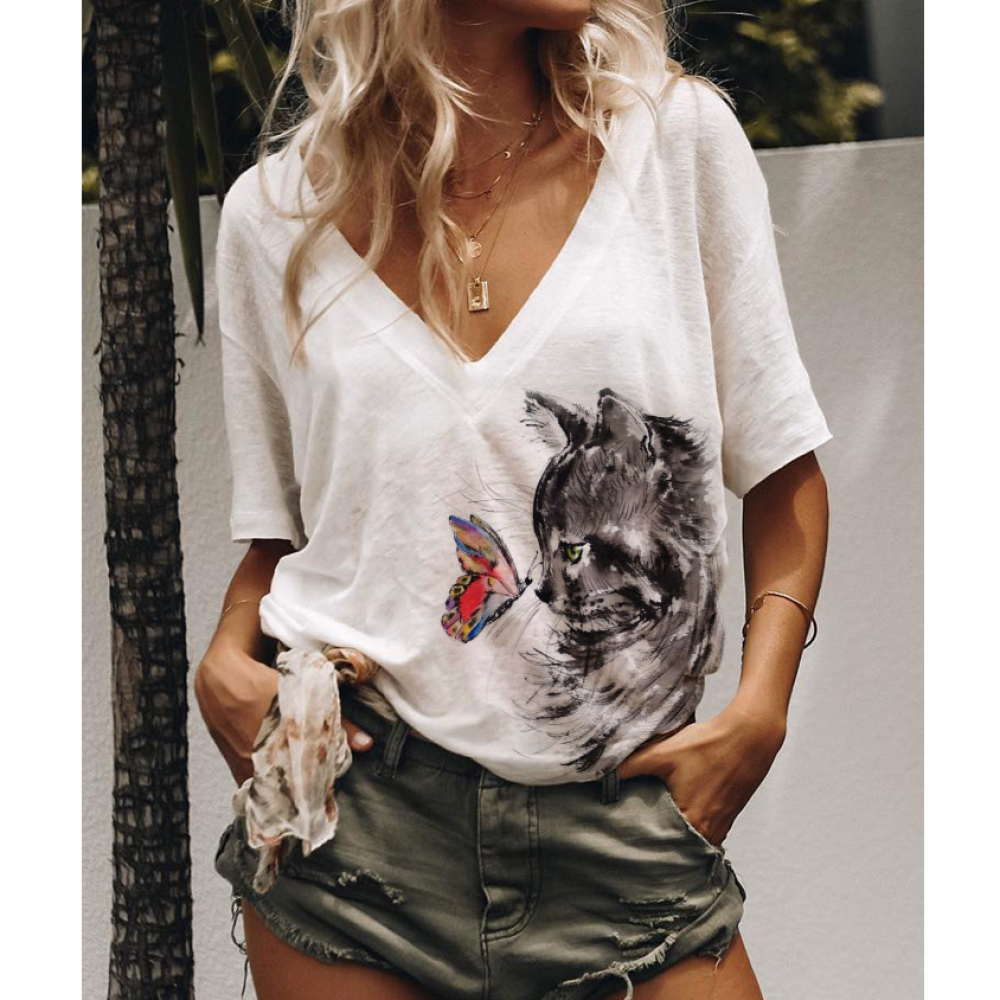 V-neck cat print loose long sleeve T-shirt