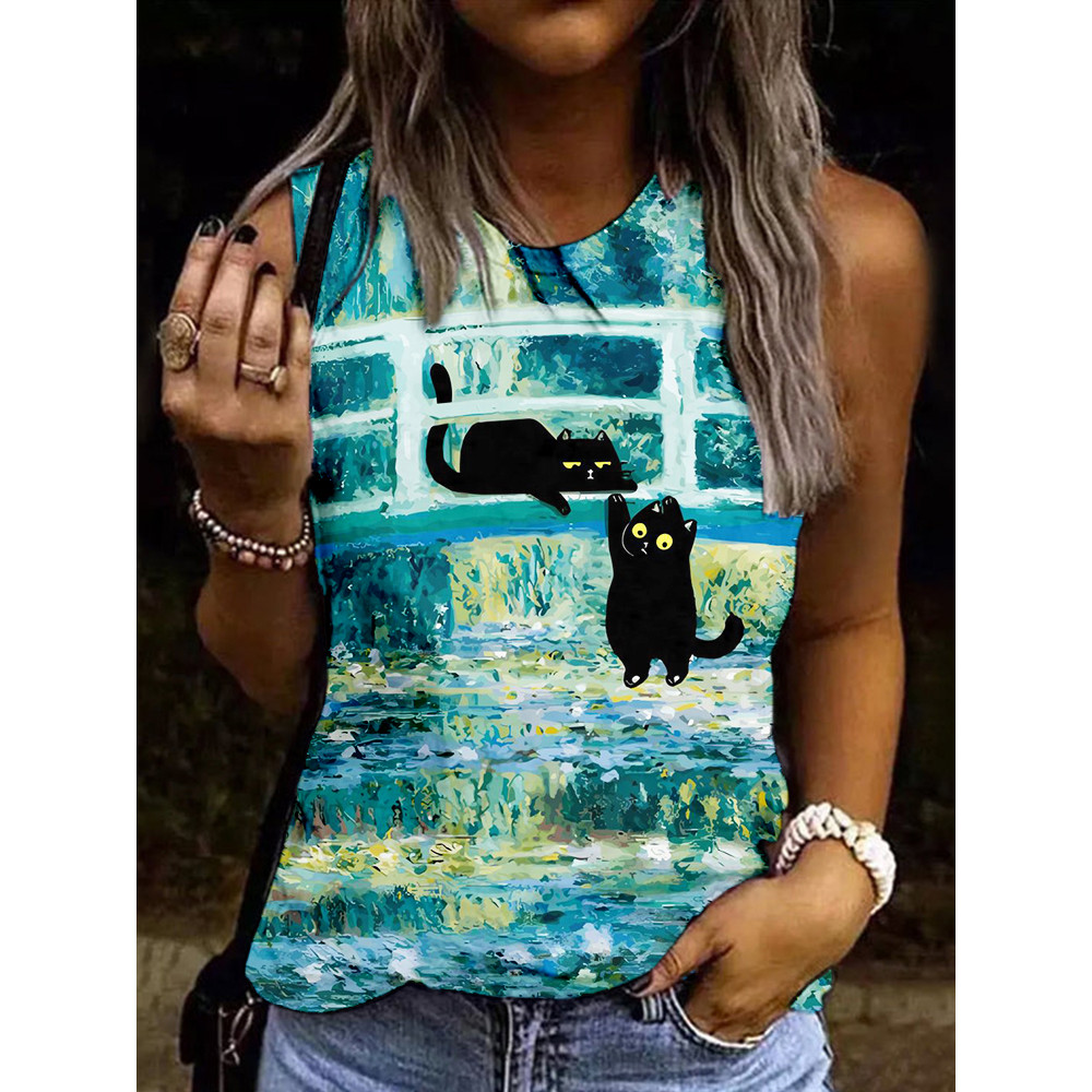 Vintage Black Cat Bridge of Waterlilies Art Tank Top
