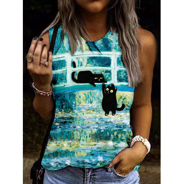 Vintage Black Cat Bridge of Waterlilies Art Tank Top