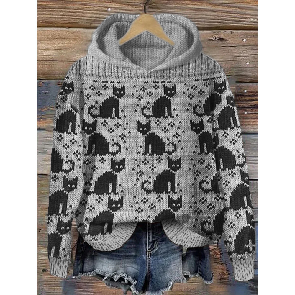 Vintage Black Cats Cozy Knit Hoodie
