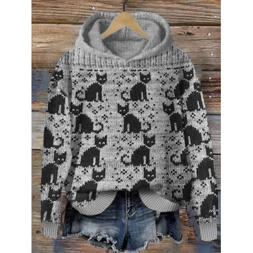 Vintage Black Cats Cozy Knit Hoodie