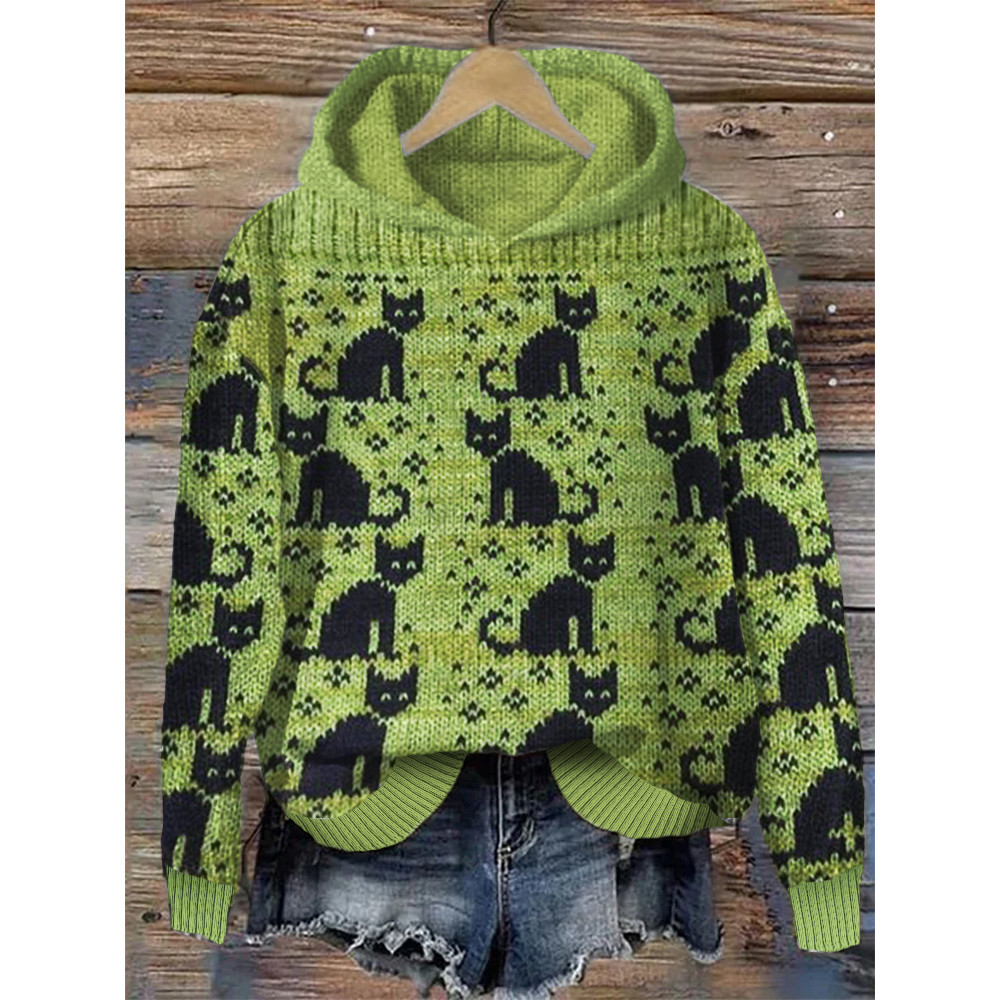 Vintage Black Cats Cozy Knit Hoodie