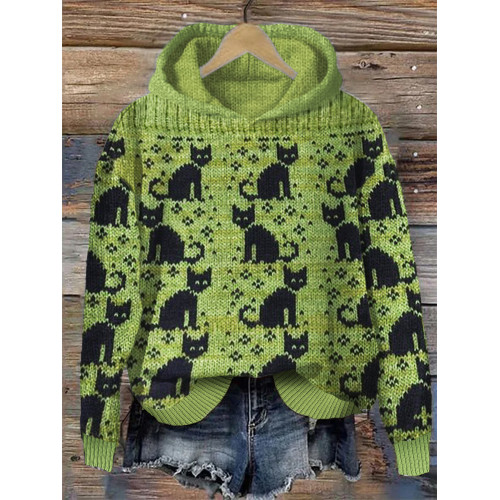 Vintage Black Cats Cozy Knit Hoodie