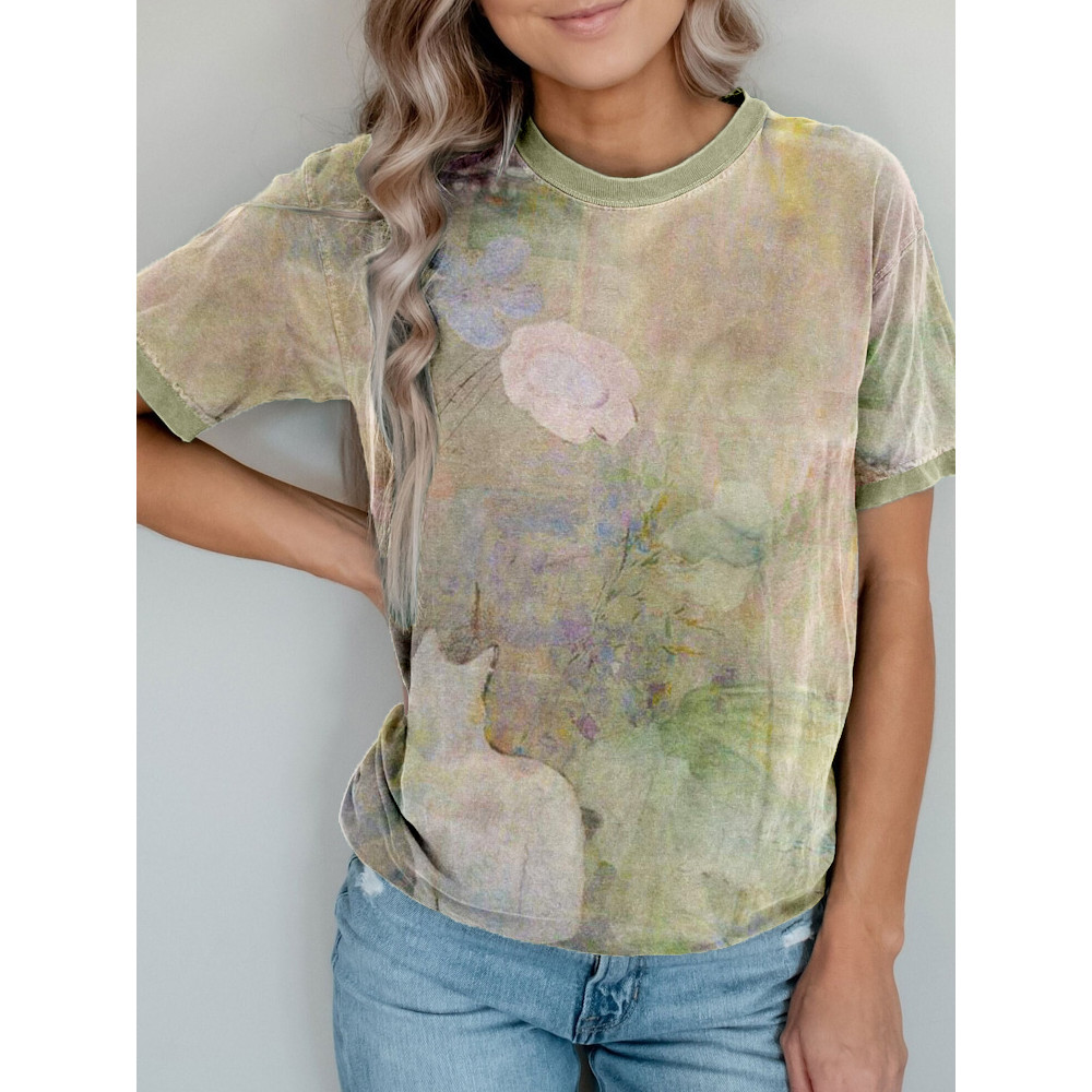 Vintage Cat Art Crew Neck Washed T Shirt