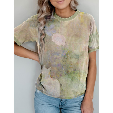 Vintage Cat Art Crew Neck Washed T Shirt