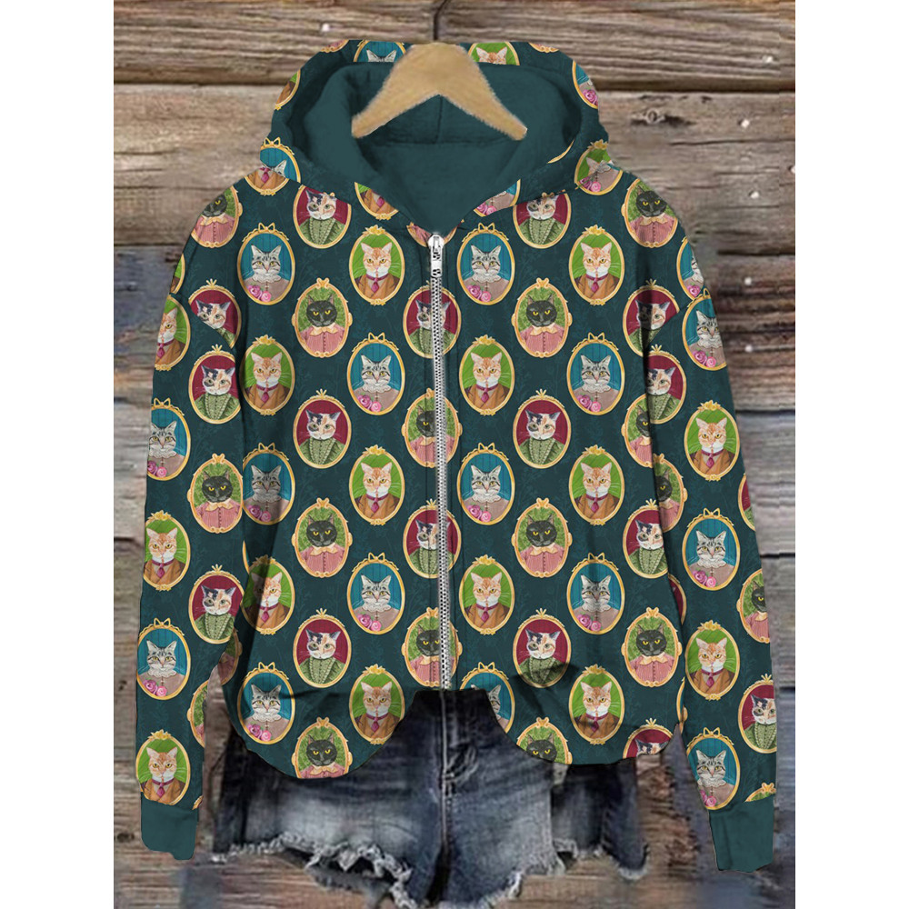 Vintage Cat Cameos Art Pattern Zip Up Comfy Hoodie