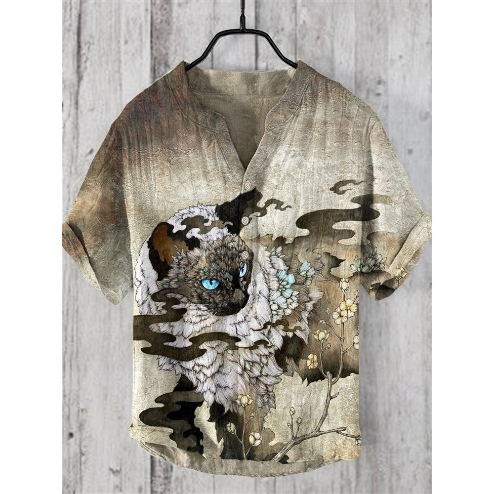 Vintage Cat Ink Print Casual Linen Shirt