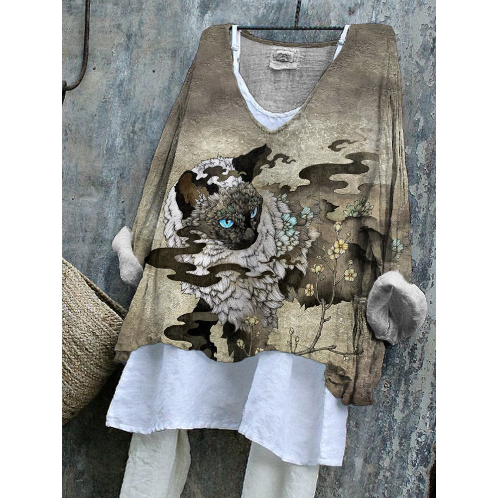 Vintage Cat Ink Print Flowy Tunic