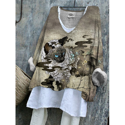 Vintage Cat Ink Print Flowy Tunic