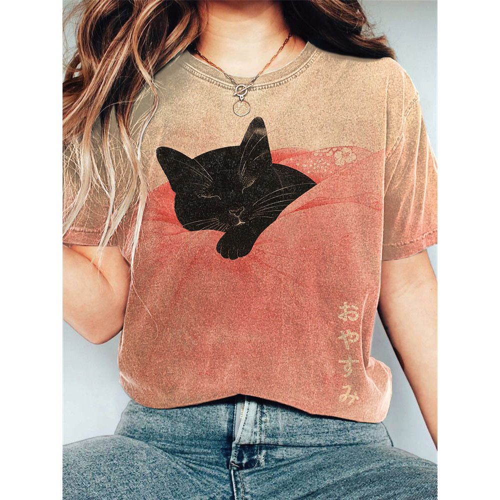 Vintage Cat Japanese Art Print Casual T-Shirt