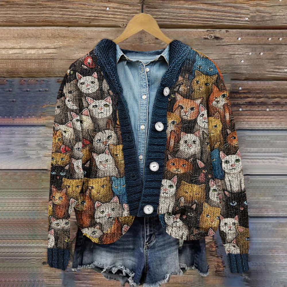 Vintage Cat Print Button Hooded Knitted Cardigan