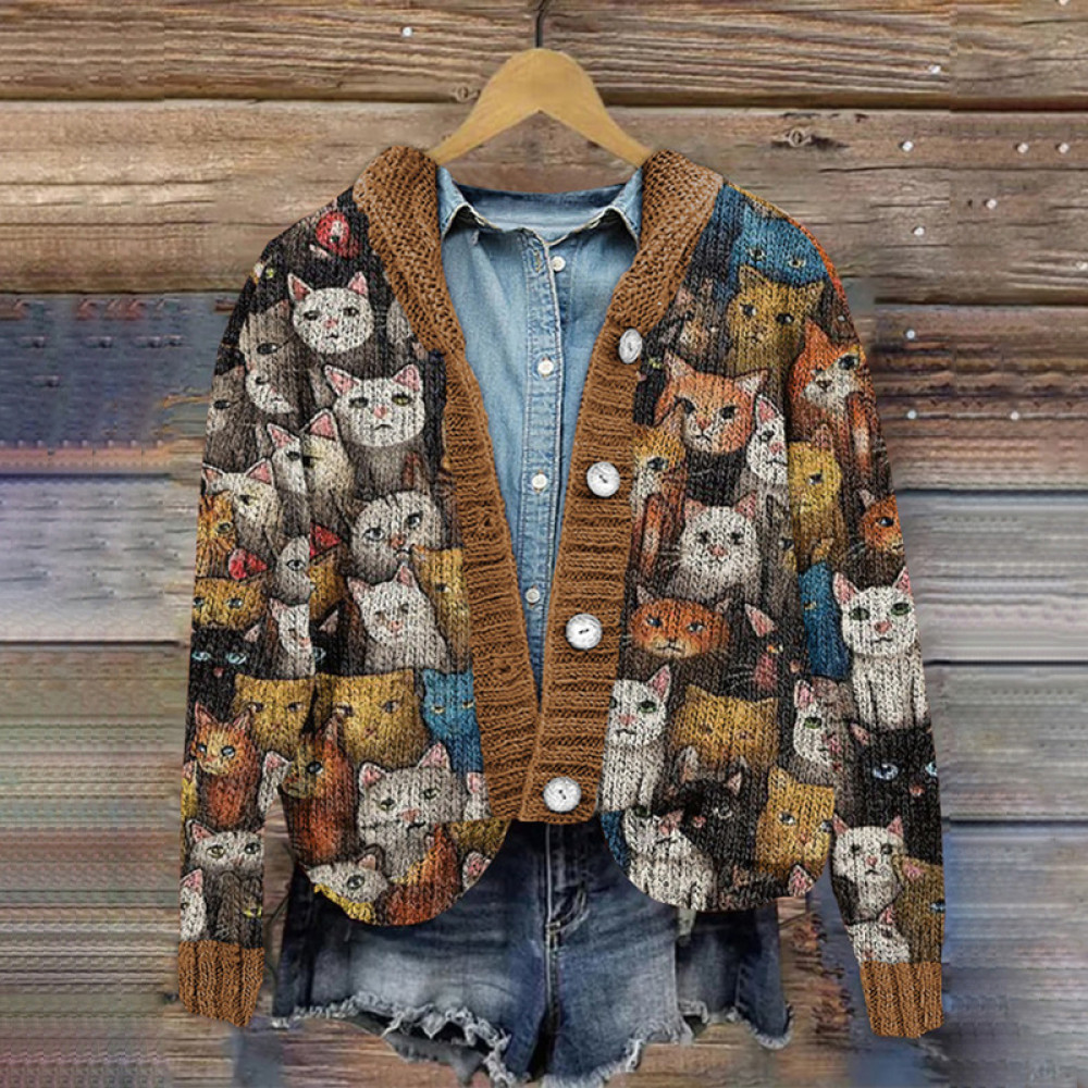 Vintage Cat Print Button Hooded Knitted Cardigan