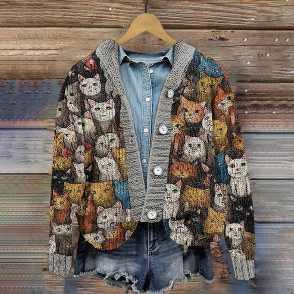 Vintage Cat Print Button Hooded Knitted Cardigan