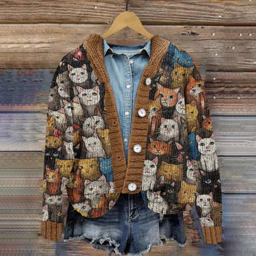 Vintage Cat Print Button Hooded Knitted Cardigan
