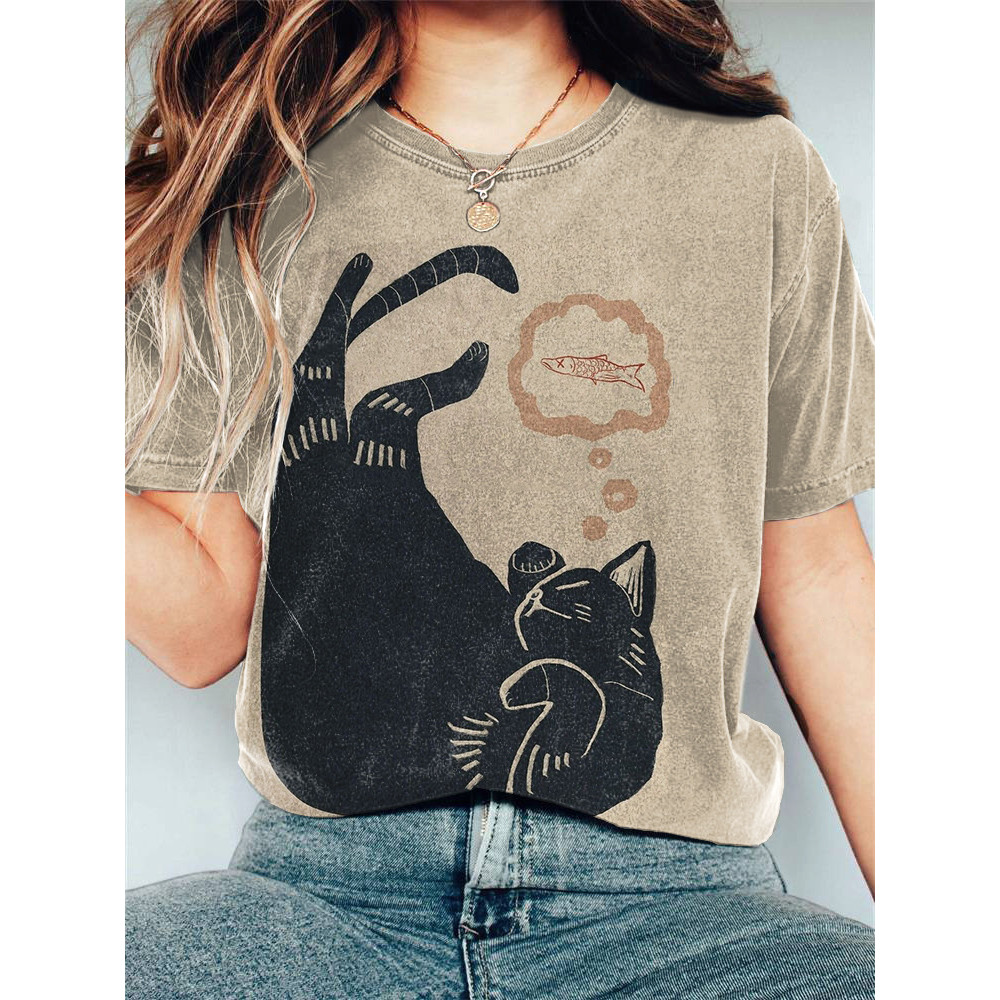 Vintage Cat Print Casual T-Shirt