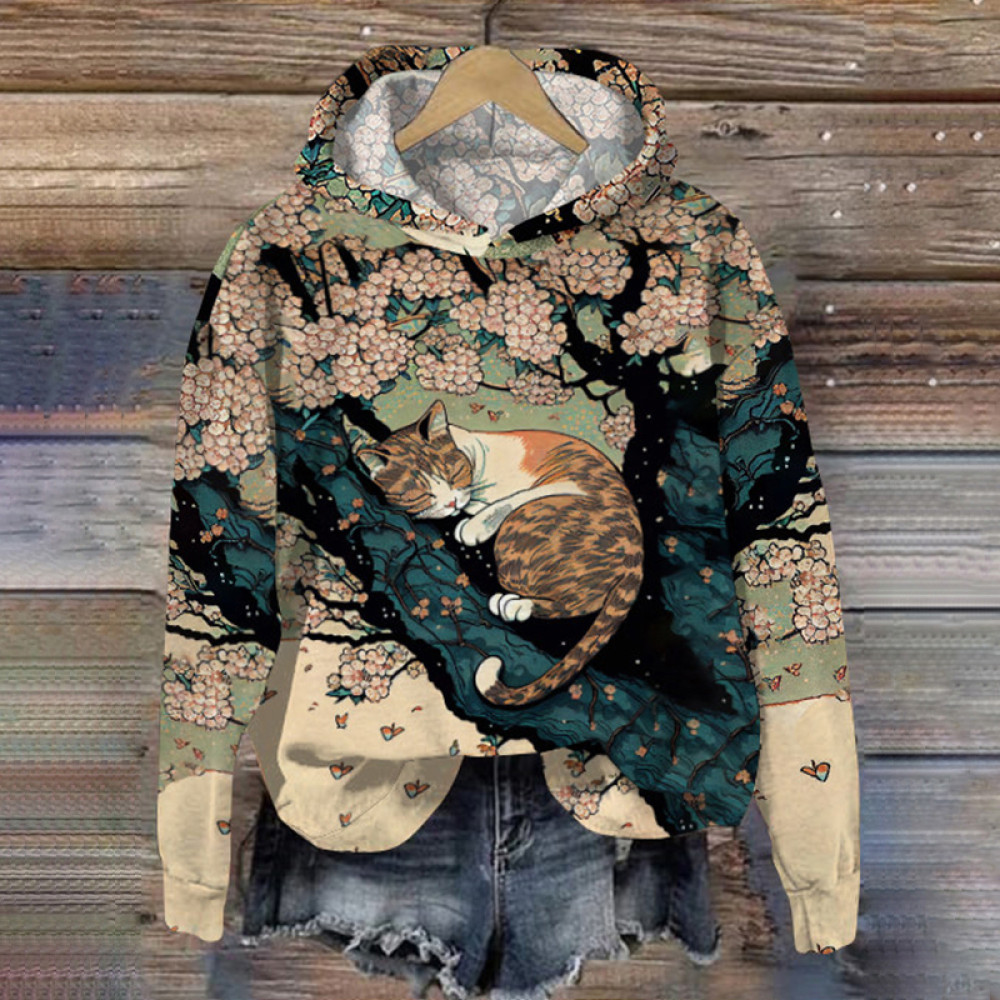 Vintage Cat Print Long Sleeve Hoodie