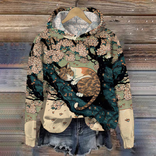 Vintage Cat Print Long Sleeve Hoodie