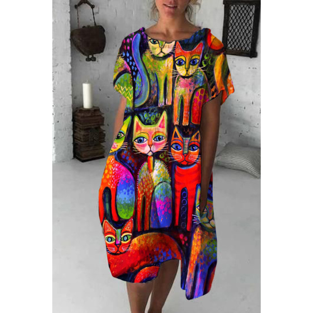 Vintage Cat Print Midi Dress