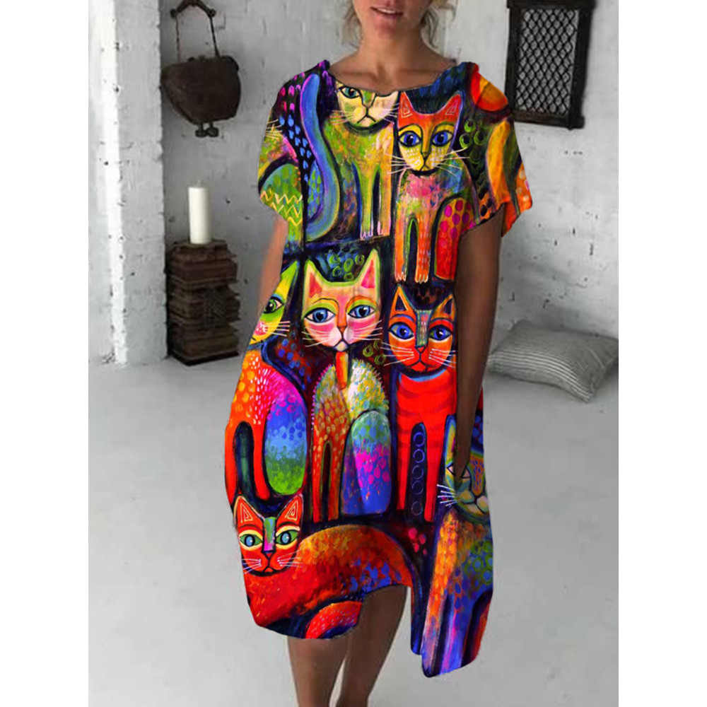 Vintage Cat Print Midi Dress