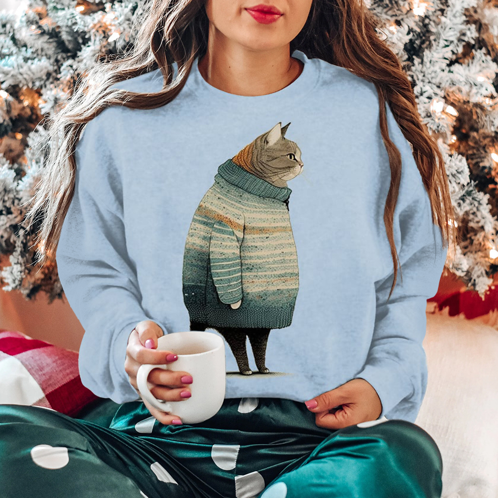 Vintage Cat Print Round Neck Long Sleeve Sweatshirt