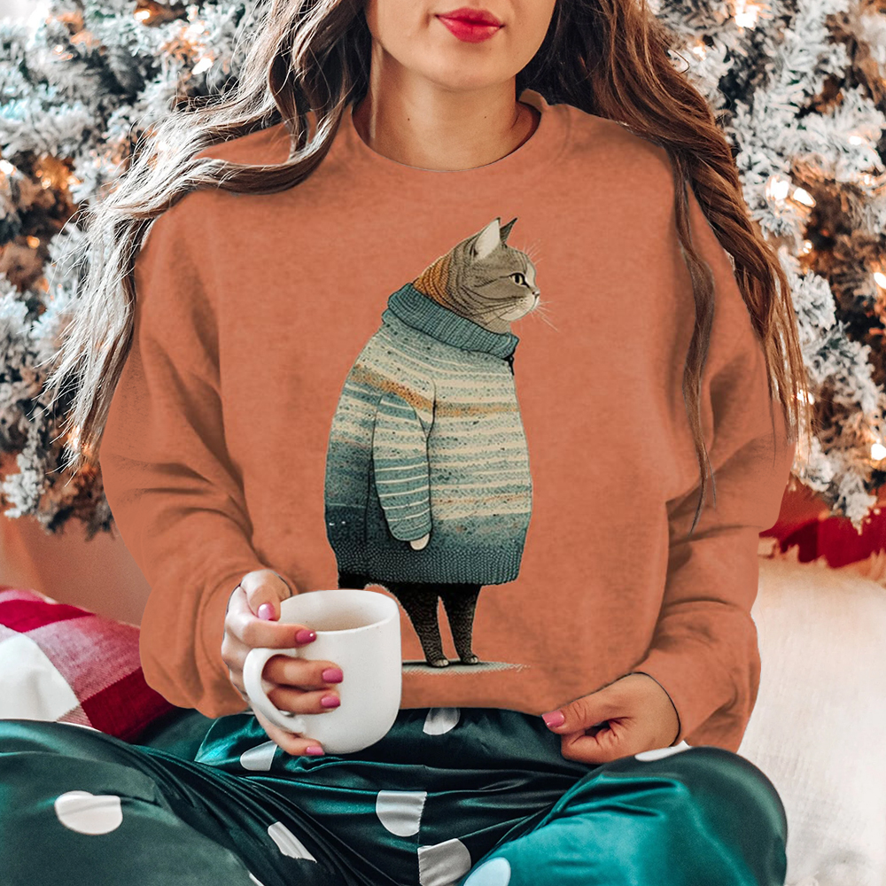 Vintage Cat Print Round Neck Long Sleeve Sweatshirt
