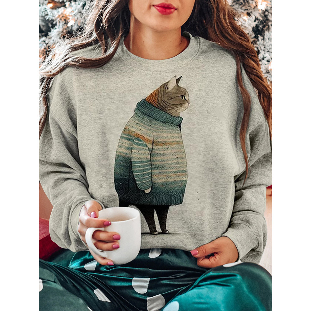 Vintage Cat Print Round Neck Long Sleeve Sweatshirt