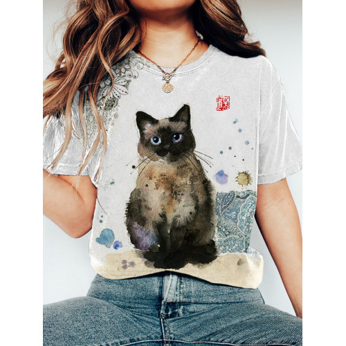 Vintage Cat Watercolor Print Short Sleeve T-Shirt