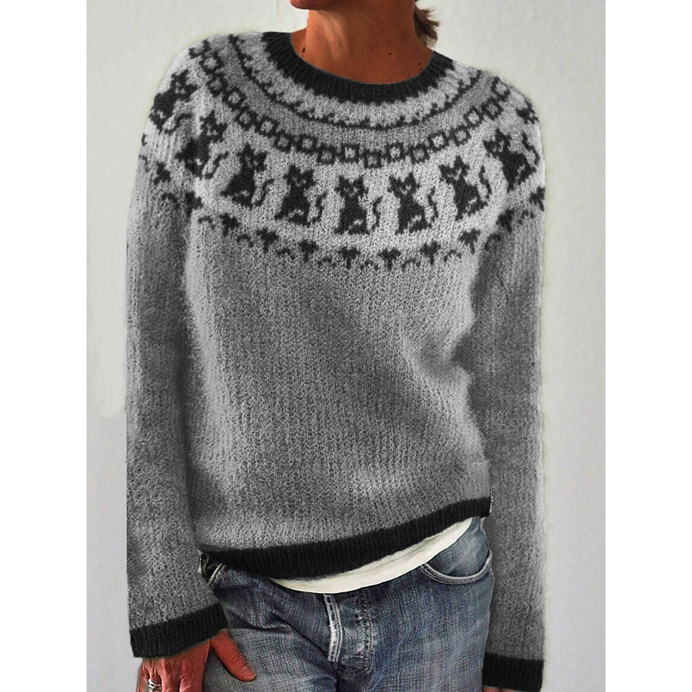 Vintage Cats Pattern Knit Cozy Sweater