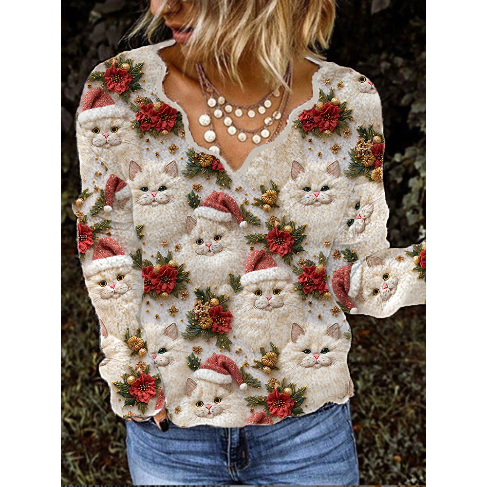 Vintage Christmas Cats & Floral Print Cozy Knitted Sweater