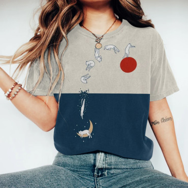 Vintage Colorblock Sun Moon Cats Painting Art T-Shirt