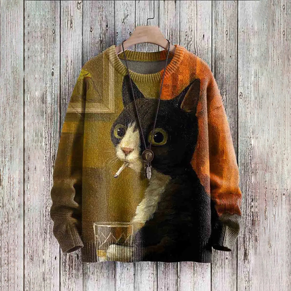 Vintage Cute Cat Art Print Casual Sweater