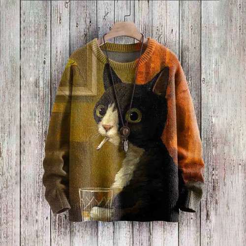 Vintage Cute Cat Art Print Casual Sweater