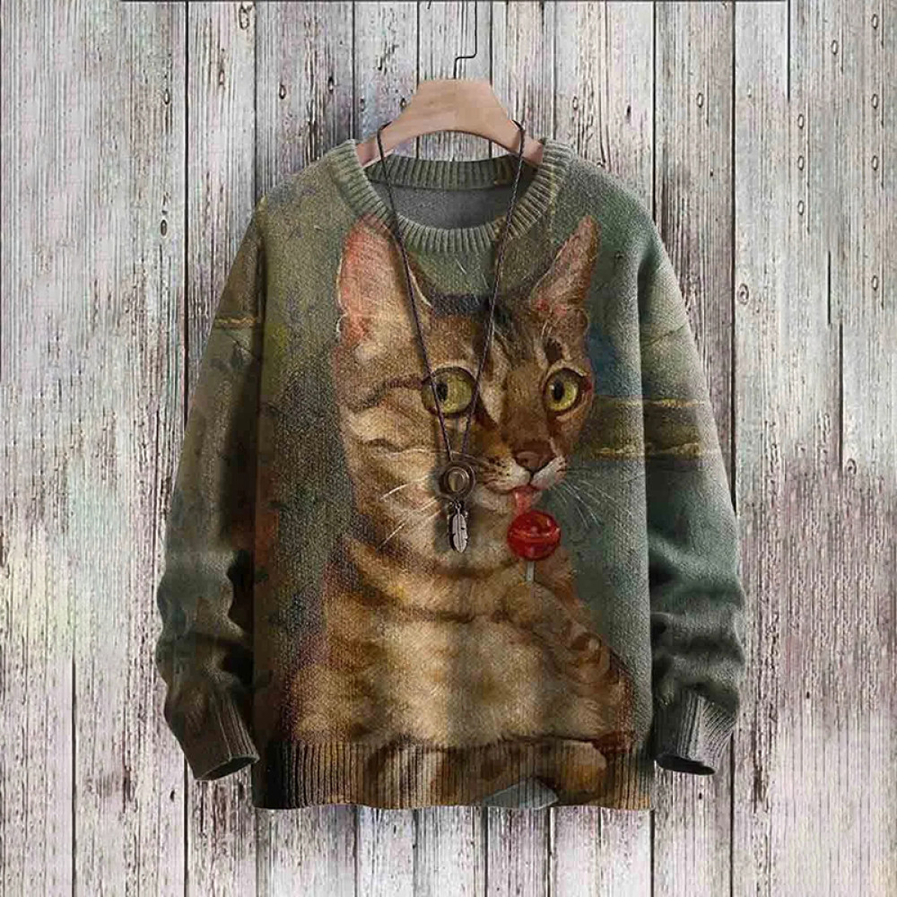 Vintage Cute Cat Print Casual Sweater