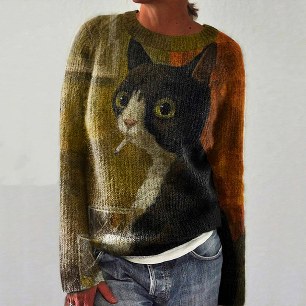 Vintage Cute Cat Print Long Sleeve Casual Sweater