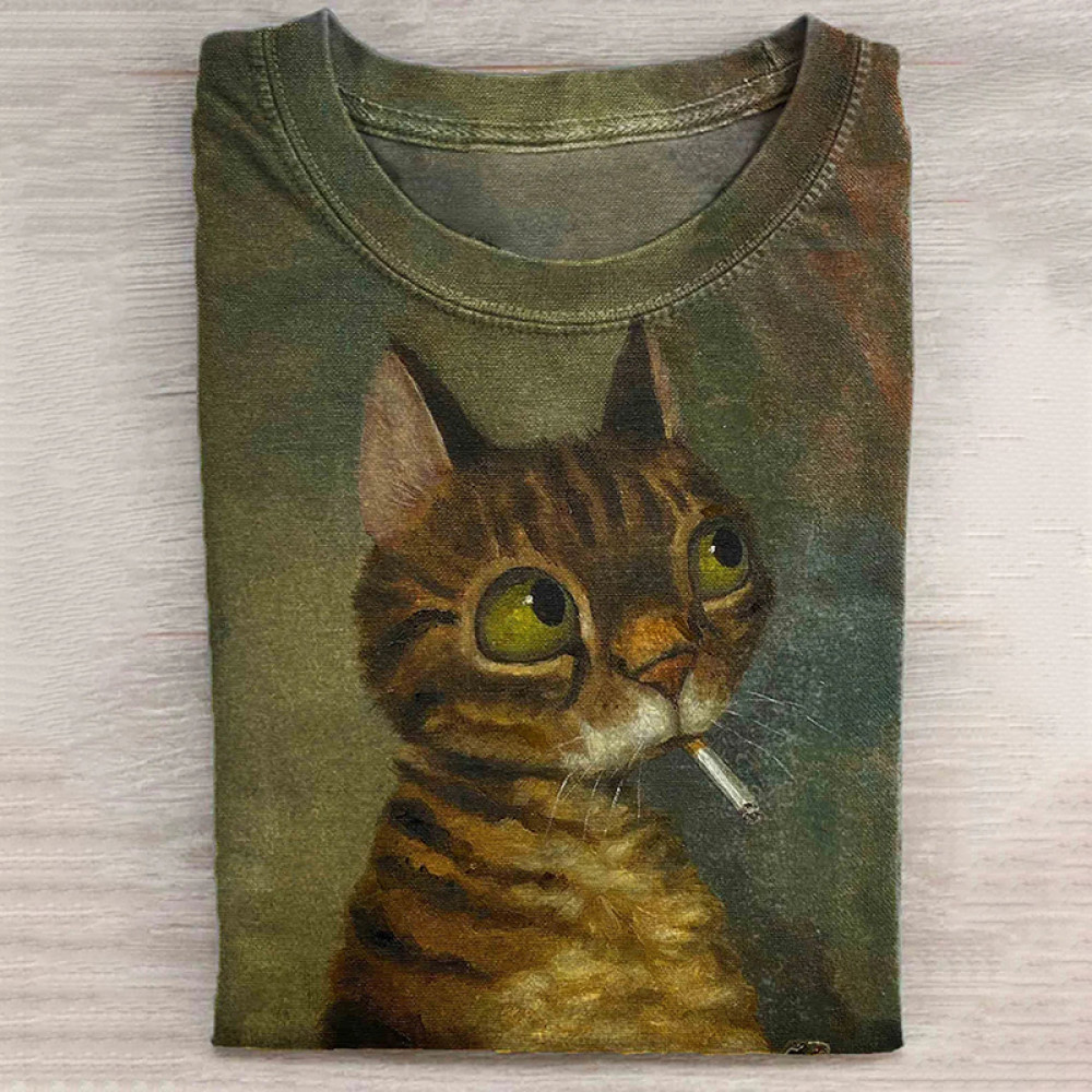 Vintage Cute Cat Print Long Sleeve T-Shirt
