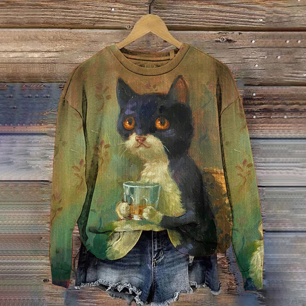 Vintage Cute Cat Print Round Neck Casual Sweatshirt