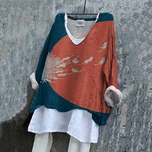 Vintage Dandelion and Cat Painting Art Print V-Neck Long Sleeve T-Shirt