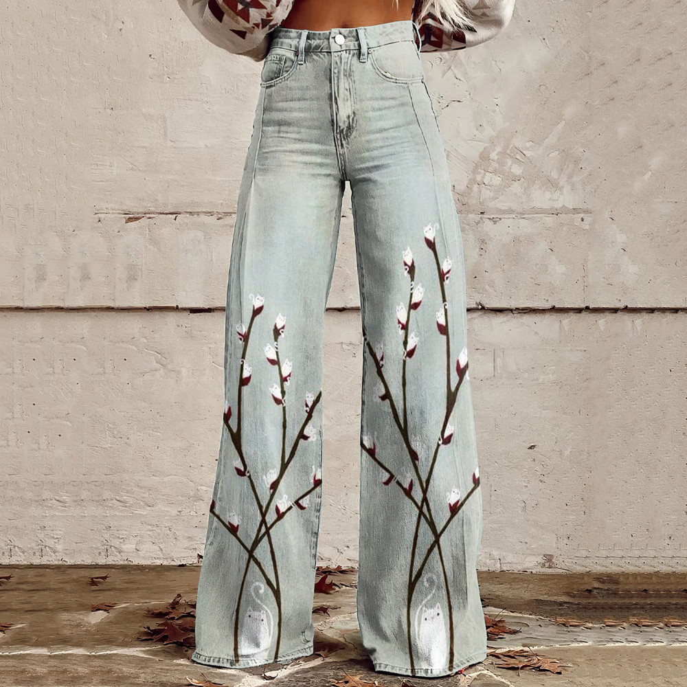 Vintage Floral Cat Japanese Art Casual Wide Leg Jeans