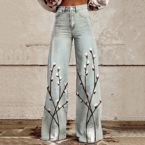 Vintage Floral Cat Japanese Art Casual Wide Leg Jeans