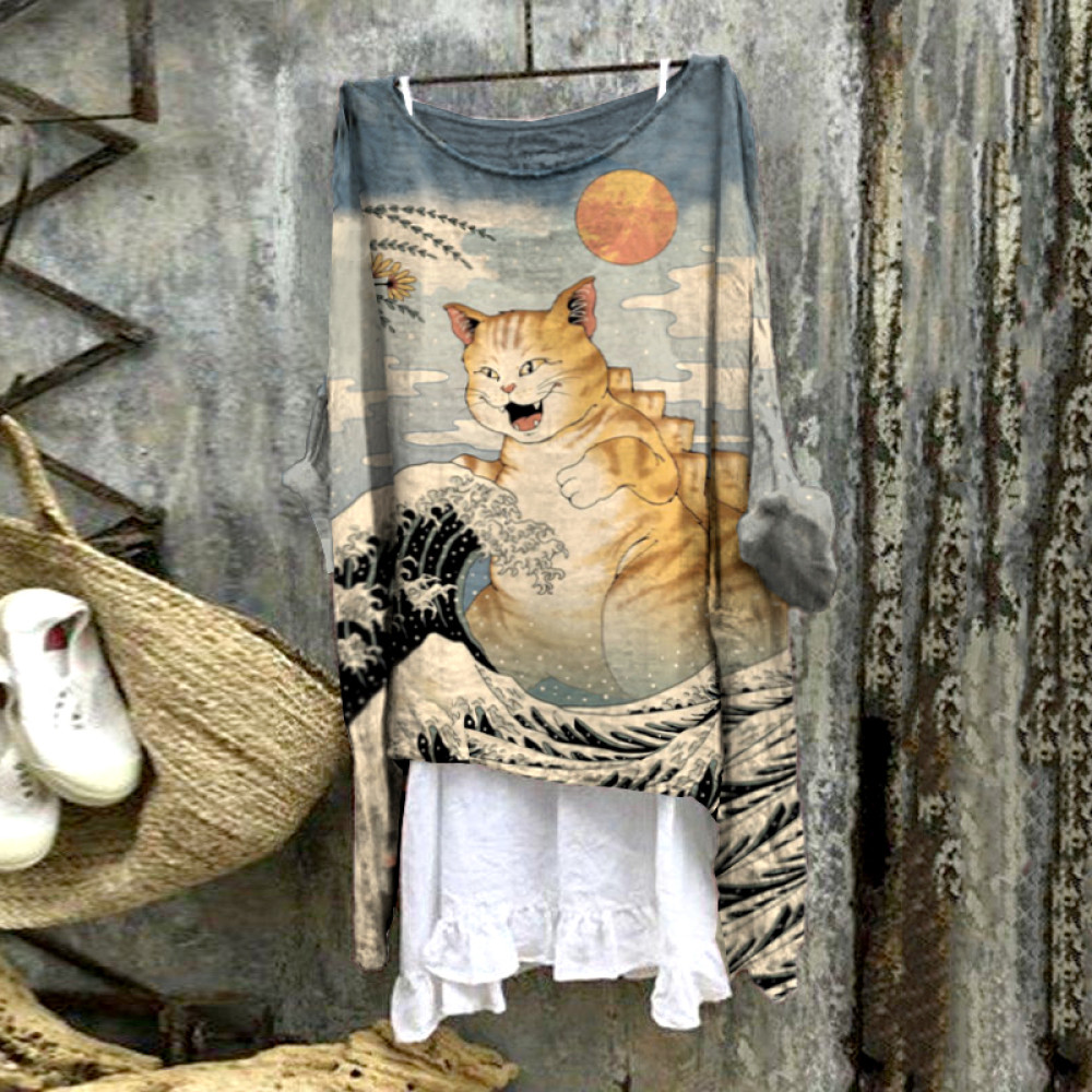 Vintage Great Waves Godzilla Cat Japanese Art Blossom Print Round Neck Shirt