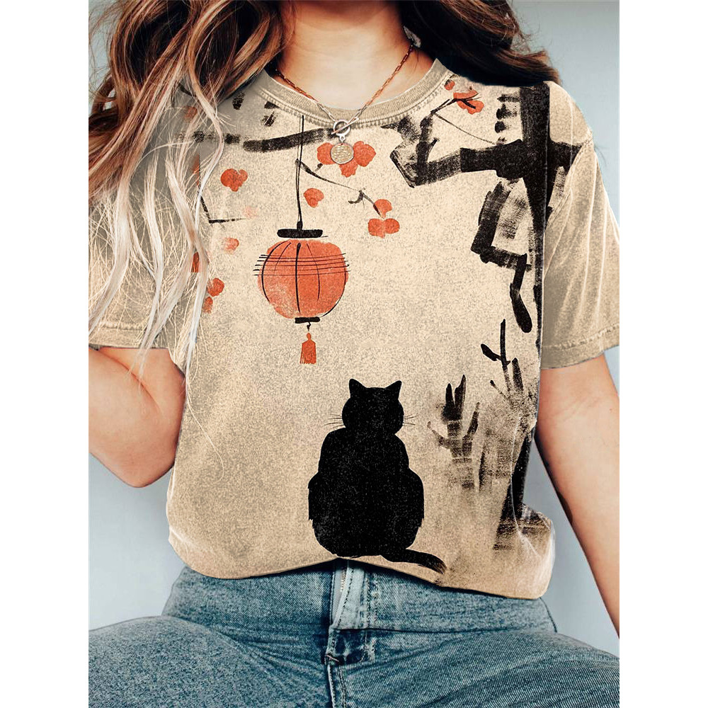 Vintage Japanese Art Cat Print Casual Cozy T-shirt