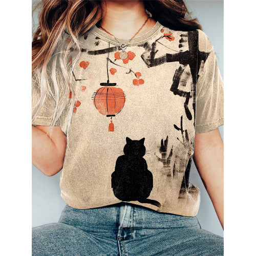 Vintage Japanese Art Cat Print Casual Cozy T-shirt